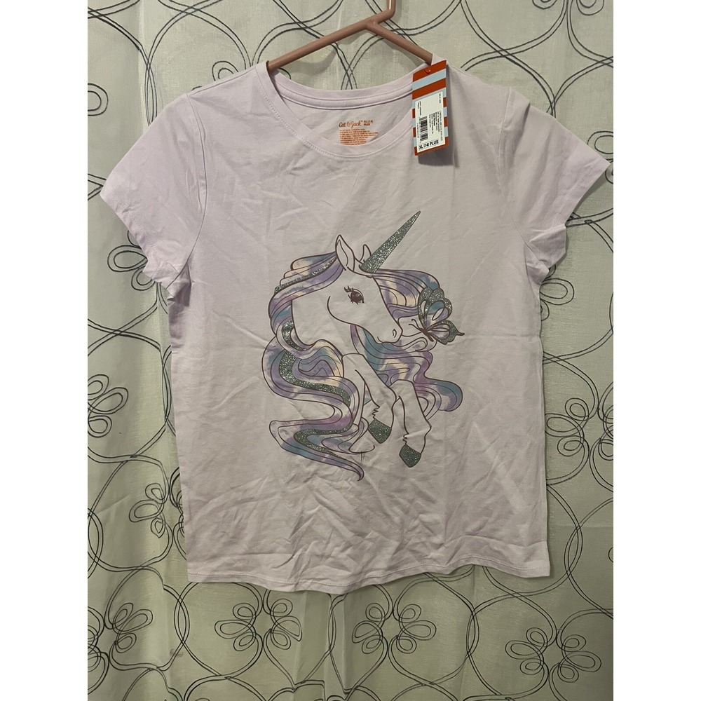 Cat & Jack Girls Light Lavender Unicorn Short Sleeve Shirt Size L (10/12)‎ Plus